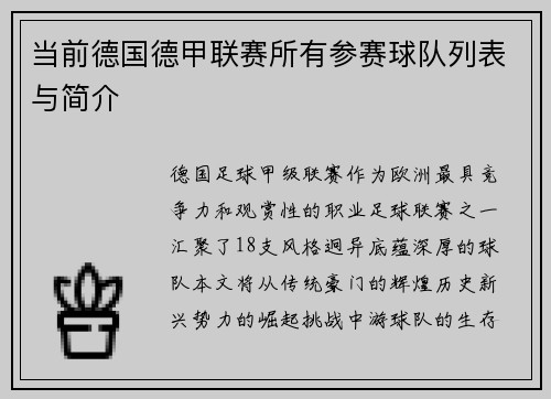 当前德国德甲联赛所有参赛球队列表与简介